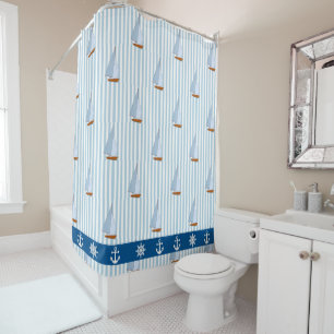 Nautical Anchor Blue White Stripe Background Shower Curtain