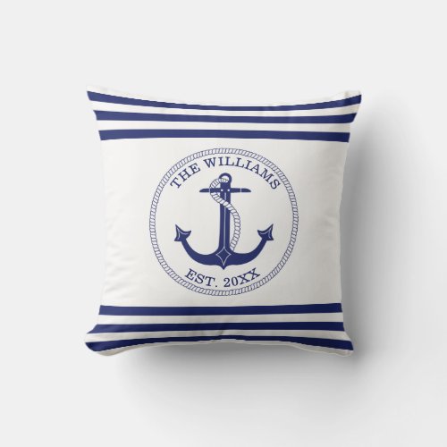 Nautical Anchor Blue White Stripes Custom Name Throw Pillow