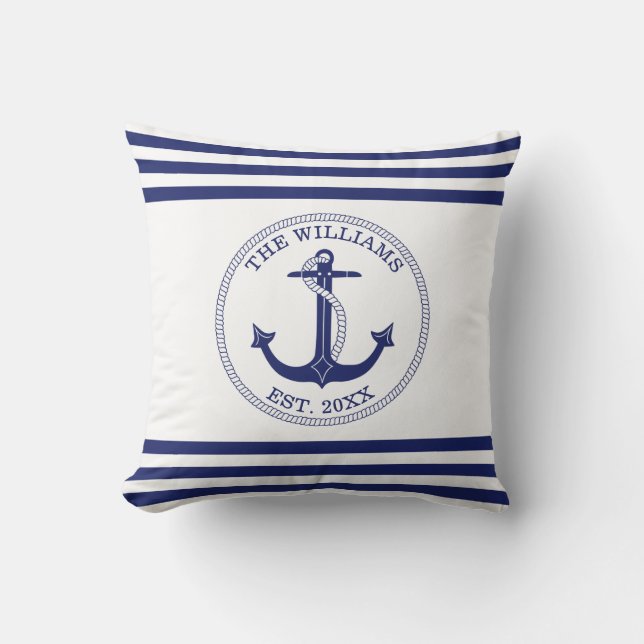 Nautical Anchor Blue White Stripes Custom Name Throw Pillow (Front)