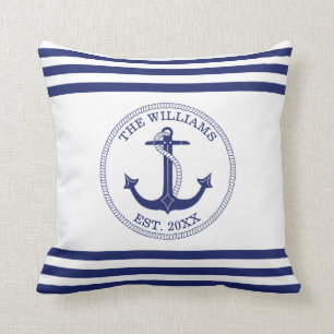 Nautical Anchor Blue White Stripes Custom Name Throw Pillow