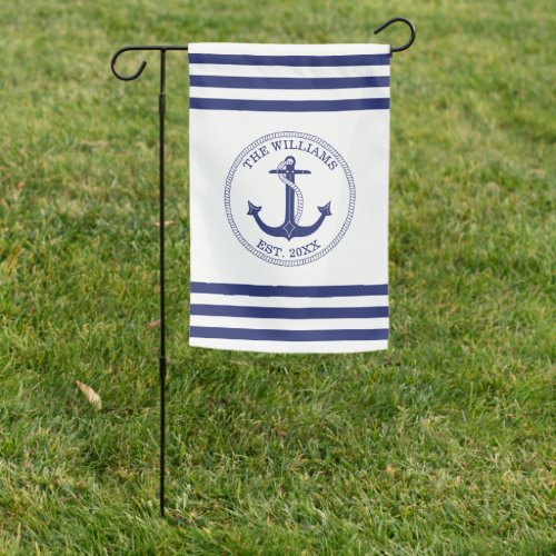 Nautical Anchor Blue White Stripes Family Name Garden Flag