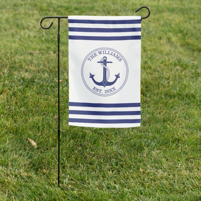 Nautical Anchor Blue White Stripes Family Name Garden Flag (In SItu)
