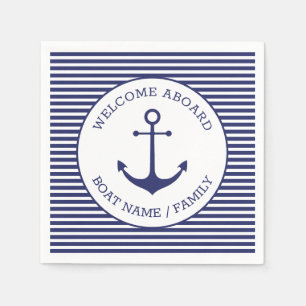Nautical anchor blue white stripes welcome aboard napkins