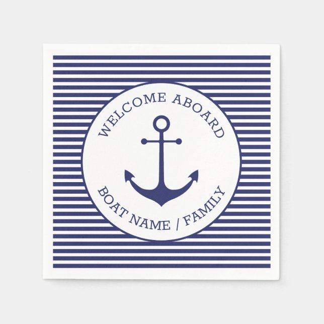 Nautical anchor blue white stripes welcome aboard napkins (Front)