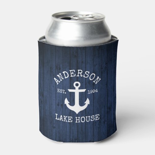 Nautical Anchor Blue Wood Family Lake House Can Cooler