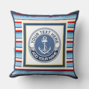 Nautical Anchor Blues, Reds, and Creams Striped Throw Pillow