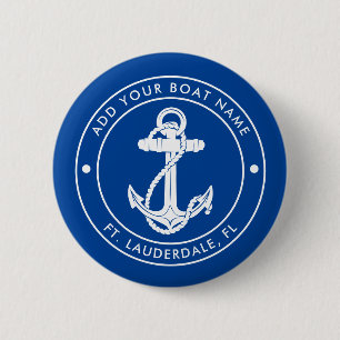 Nautical Anchor Boat and Name Blue Custom Button
