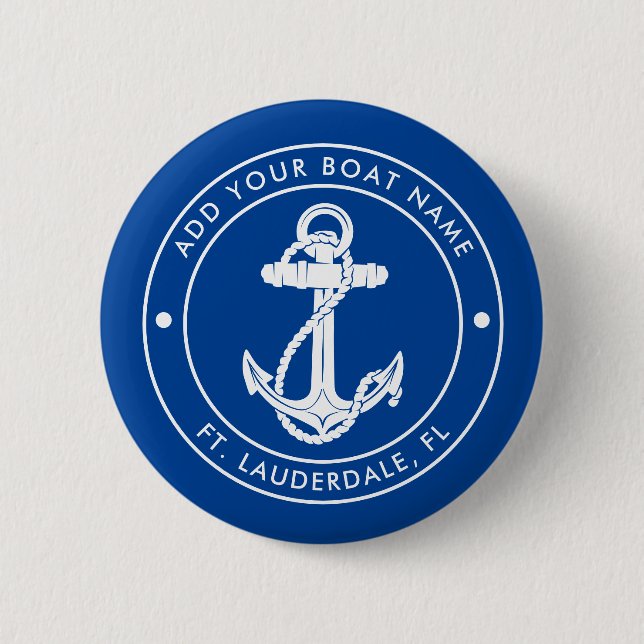 Nautical Anchor Boat and Name Blue Custom Button (Front)