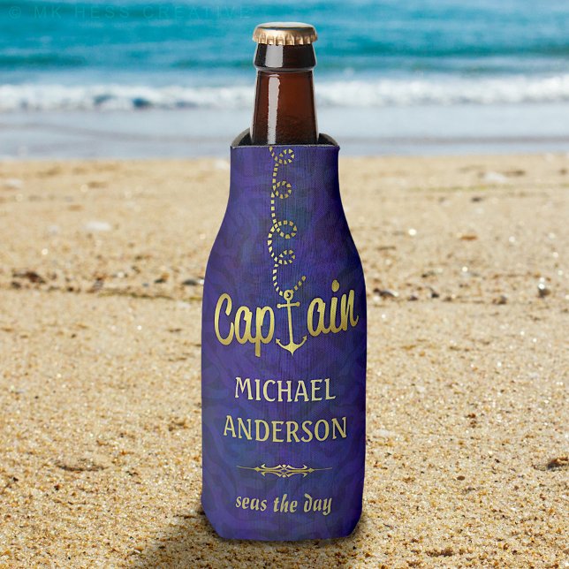 Nautical Anchor Boat Captain Gold | Custom Name Bottle Cooler (Creator Uploaded)