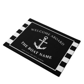 Nautical Anchor Boat & Captain Name Black Stripes Doormat