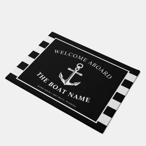 Nautical Anchor Boat  Captain Name Black Stripes Doormat