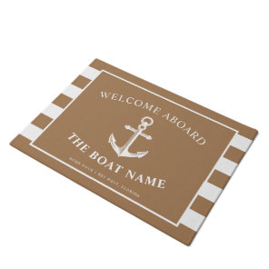 Nautical Anchor Boat & Captain Name Khaki Stripes  Doormat