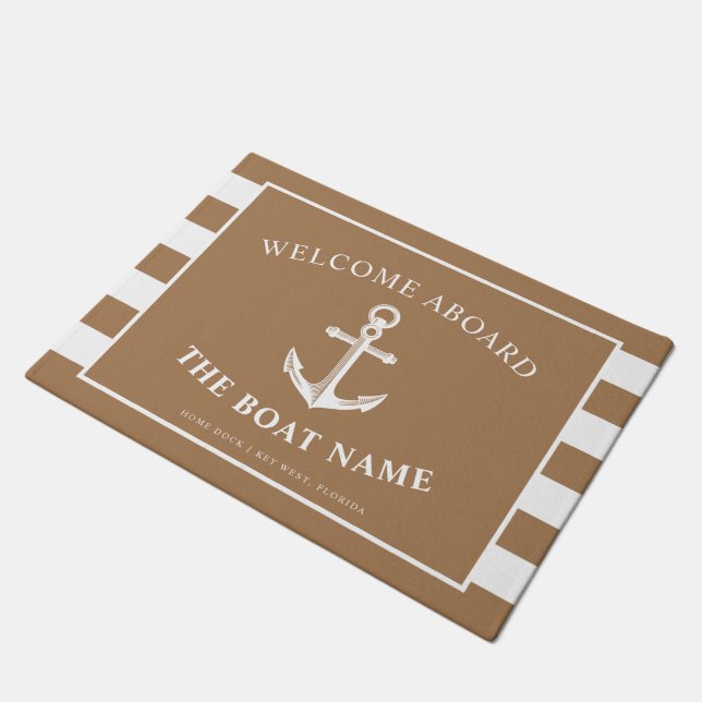 Nautical Anchor Boat & Captain Name Khaki Stripes  Doormat (Angled)