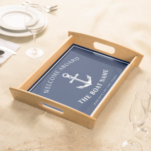 Nautical Anchor Boat & Captain Name Navy Color Serving Tray