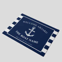 Nautical Anchor Boat & Captain Name Navy Stripes Doormat