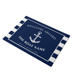 Nautical Anchor Boat & Captain Name Navy Stripes Doormat