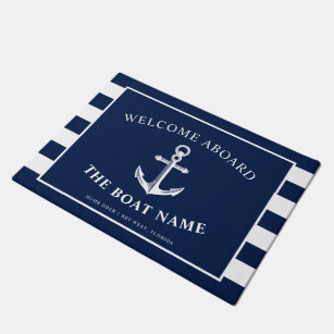 Nautical Anchor Boat & Captain Name Navy Stripes Doormat