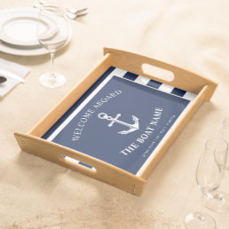 Nautical Anchor Boat &amp; Captain Name Navy | White Serving Tray