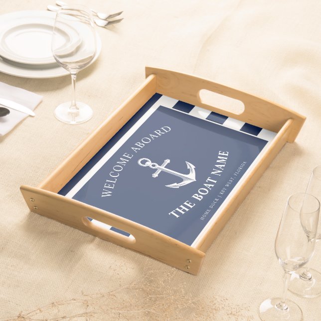 Nautical Anchor Boat & Captain Name Navy | White Serving Tray (Front)