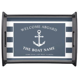 Nautical Anchor Boat & Captain Name Slate | White Serving Tray