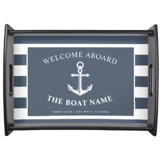 Nautical Anchor Boat & Captain Name Slate | White Serving Tray