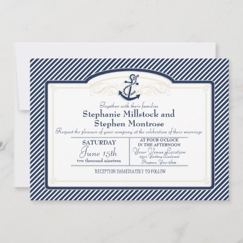 Nautical Anchor Boat Diagonal Stripes Swirl Modern Invitation