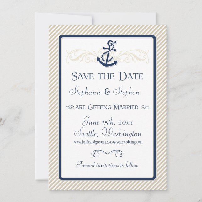 Nautical Anchor Boat Diagonal Stripes Swirl Modern Save The Date (Front)