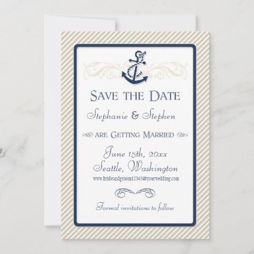 Nautical Anchor Boat Diagonal Stripes Swirl Modern Save The Date