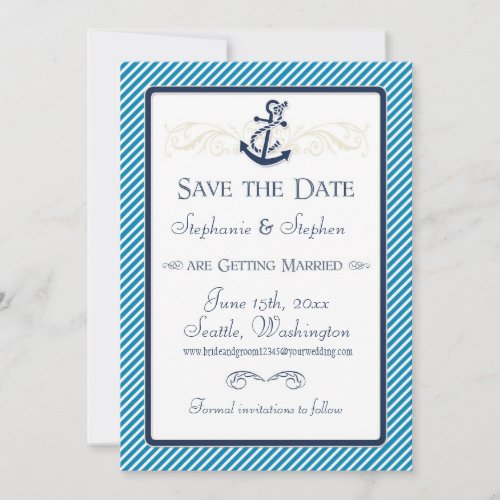 Nautical Anchor Boat Diagonal Stripes Swirl Modern Save The Date