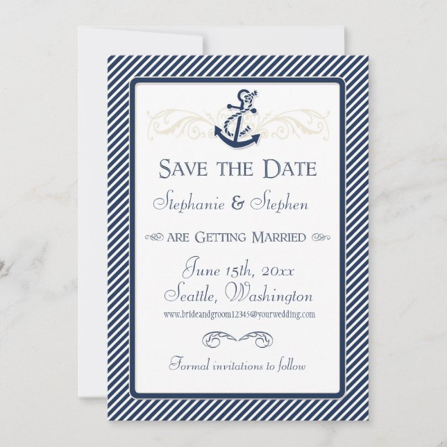 Nautical Anchor Boat Diagonal Stripes Swirl Modern Save The Date (Front)