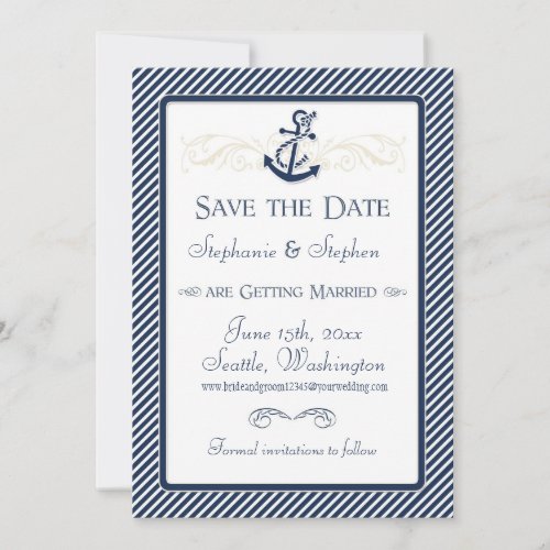 Nautical Anchor Boat Diagonal Stripes Swirl Modern Save The Date