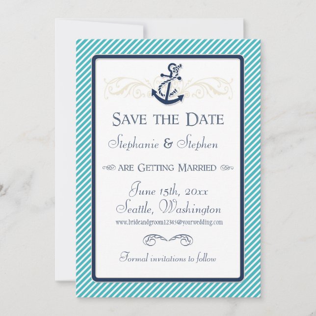 Nautical Anchor Boat Diagonal Stripes Swirl Modern Save The Date (Front)