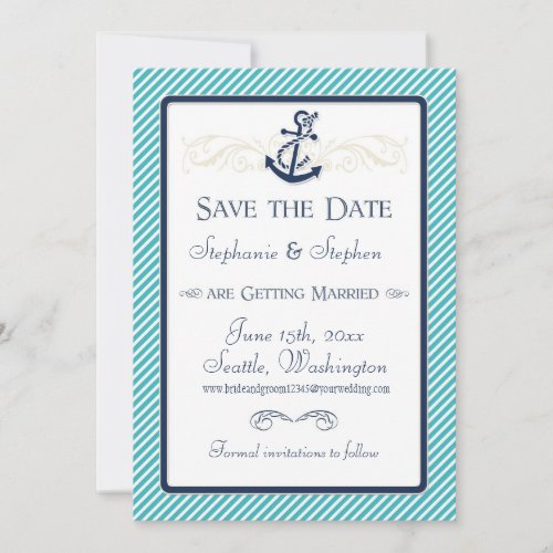 Nautical Anchor Boat Diagonal Stripes Swirl Modern Save The Date