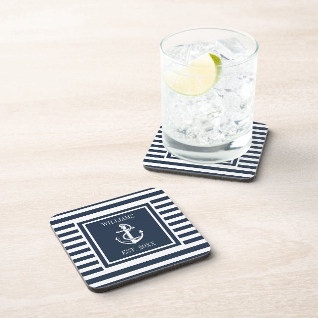 Nautical Anchor Boat Family Name Navy Blue Stripe Beverage Coaster (Right Side)