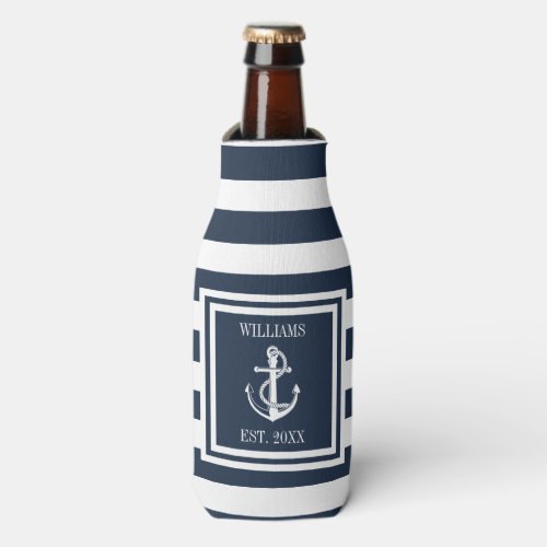 Nautical Anchor Boat Family Name Navy Blue Stripe Bottle Cooler