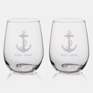 Nautical Anchor Boat Name Beach House Swag Custom Stemless Wine Glass