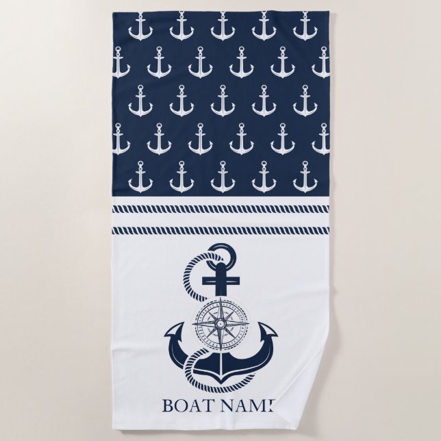 Nautical Anchor Boat Name Beach Towel (Front)