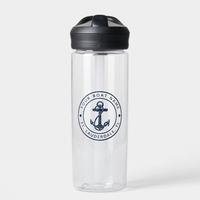 Nautical Anchor Boat Name Beach Trip Custom Water Bottle (Front)