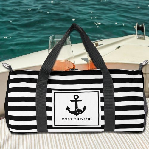 Nautical Anchor Boat Name Black White Striped Duffle Bag