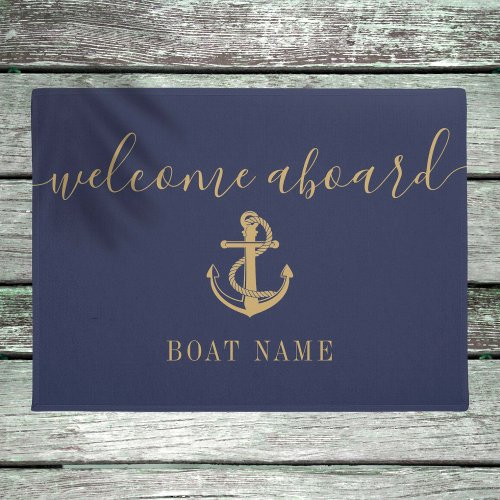 Nautical Anchor Boat Name Blue Gold Welcome Aboard Doormat