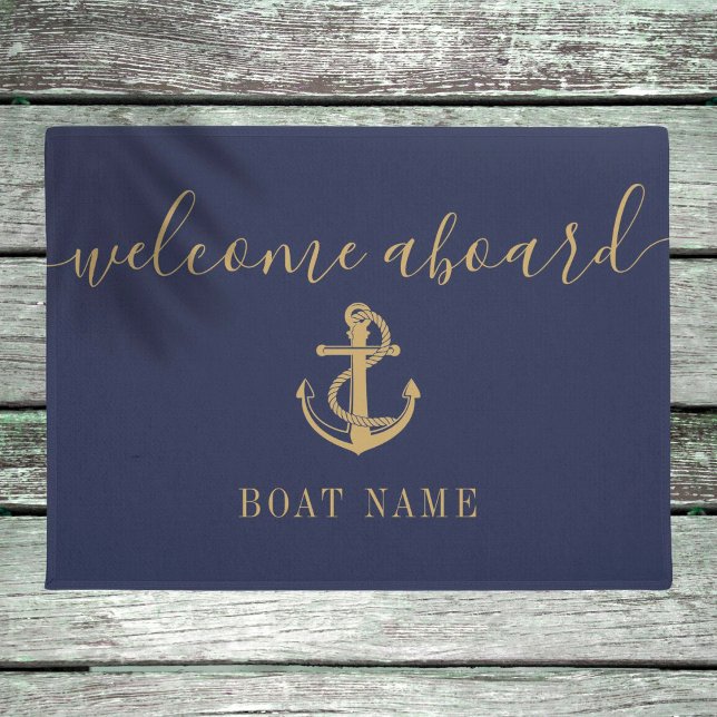 Nautical Anchor Boat Name Blue Gold Welcome Aboard Doormat (Creator Uploaded)