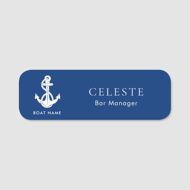 Nautical Anchor Boat Name Blue Magnetic Tag (Front)