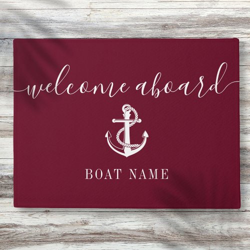 Nautical Anchor Boat Name Burgundy Welcome Aboard Doormat