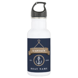 Nautical anchor boat name captain navy blue stainless steel water bottle