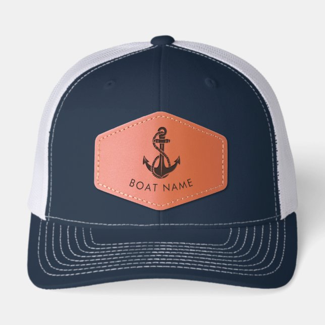 Nautical Anchor Boat Name Crew Captain Custom Leather Patch Hat (Front)