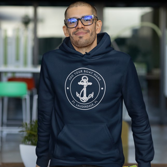 Nautical Anchor Boat Name Custom Hoodie (Nautical Anchor Boat Name Navy Blue Mens Hoodie)