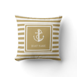 Nautical Anchor Boat Name Gold Striped Throw Pillow