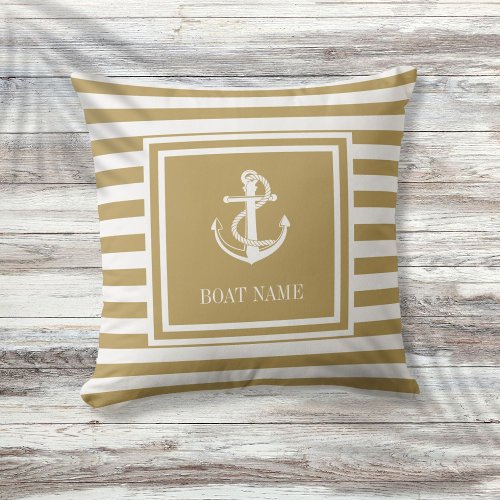 Nautical Anchor Boat Name Gold Striped Throw Pillow