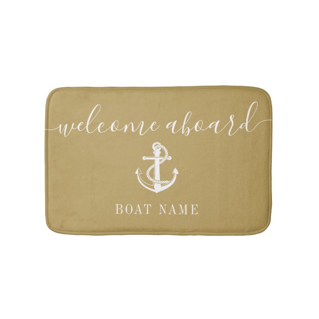 Nautical Anchor Boat Name Gold Welcome Aboard Bath Mat (Front)