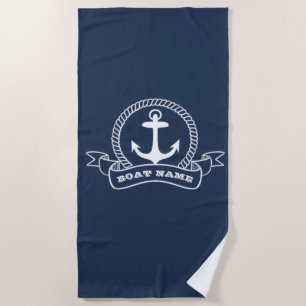 Nautical Anchor Boat Name Navy Blue  Beach Towel